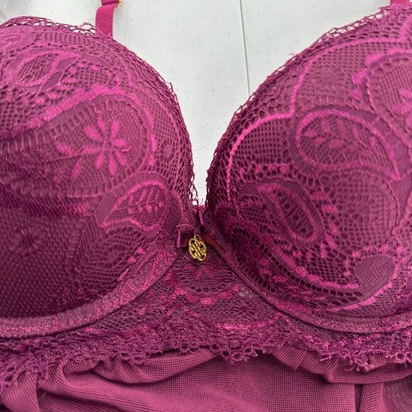 Daisy Fuentes Sheer Lace L Babydoll Nightgown Lingerie Plum Adjustable Purple - Picture 8 of 9